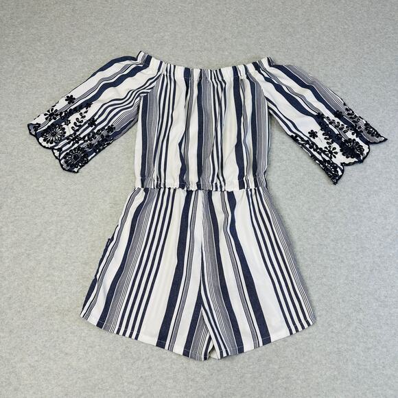 Style House Striped Romper/Jumpsuit WMN 5 Navy White On/Off Shoulder Embroidered - Picture 5 of 6